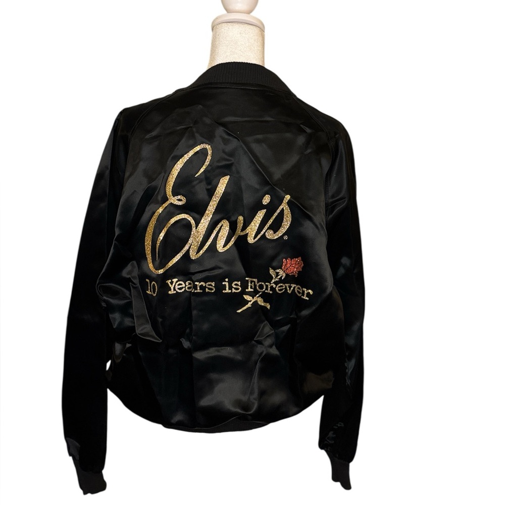 Vintage ELVIS Women's Black Bomber Jacket with Gold Embroidery